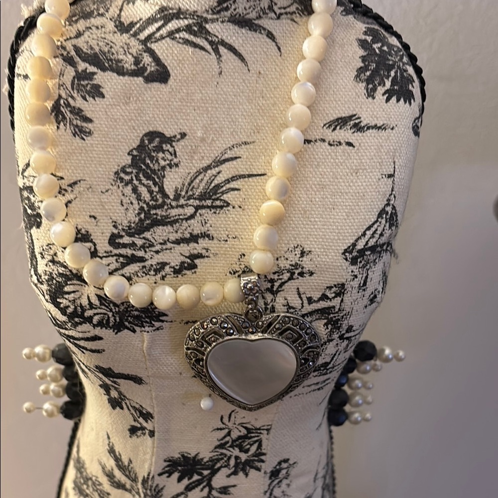 Elegant Pearl Heart Pendant Necklace. Marcasite and mother of pearl.